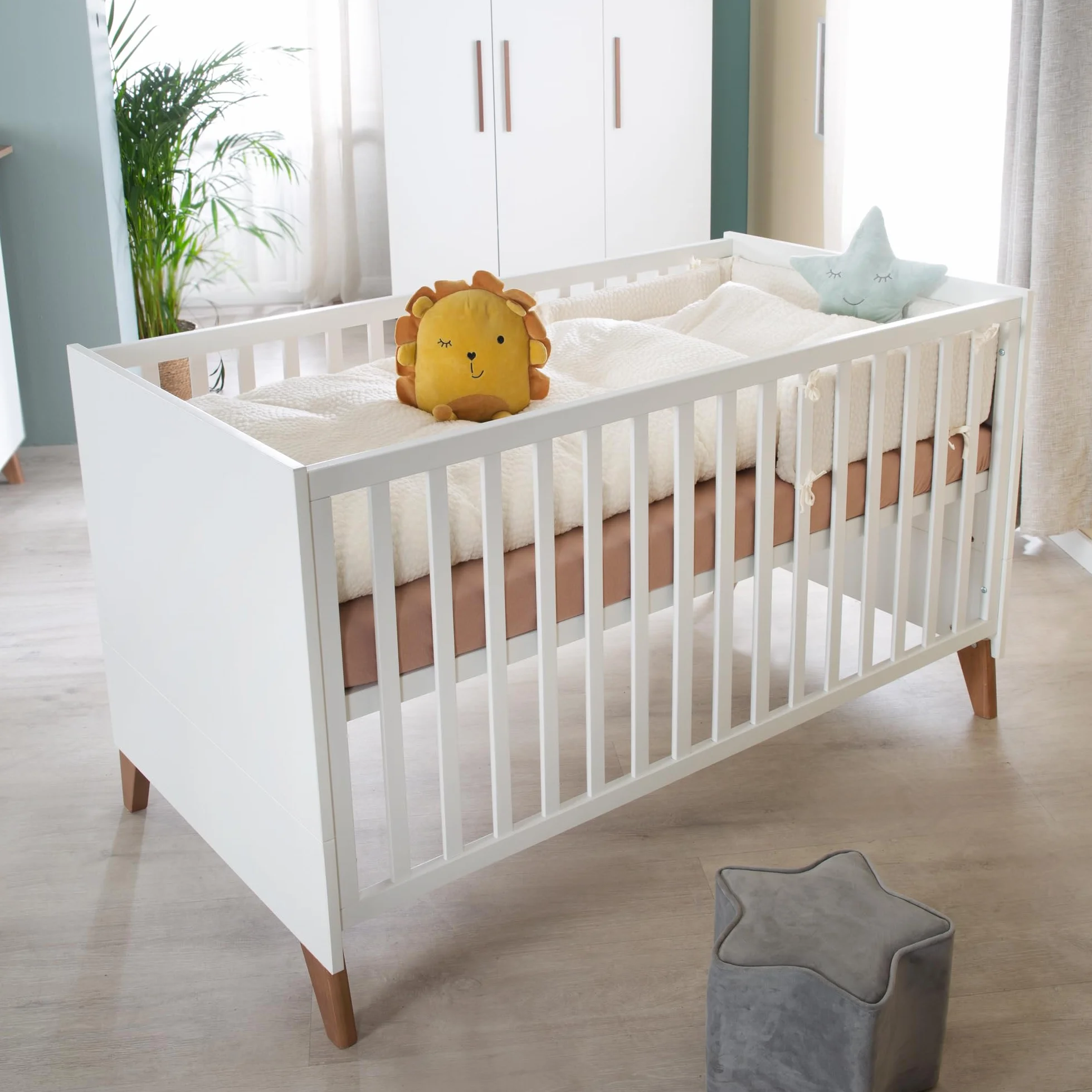 roba Set per cameretta bambini 3 pezzi Lettino 70x140 cm convertibile fasciatoio 3 cassetti armadio bambini Maniglie piedi legno massello Bianco rovere scuro