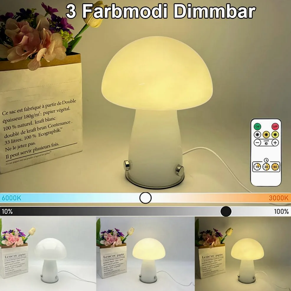 Lampada da Tavolo a Fungo con Spina USB Lampada da Comodino a LED Dimmerabile in Vetro con Telecomando, 3000k-6000k, Lampada a Fungo da Tavolo per Camera da Letto Ristorante Lettura Uffici,Bianca