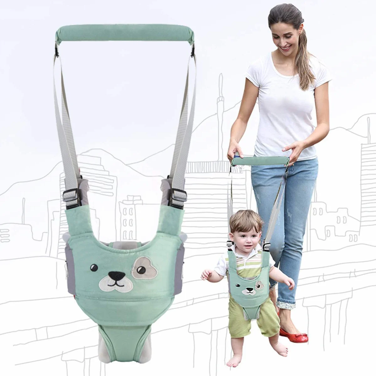 Felly Camminare Assistente per Bambino, Bretelle di Sicurezza, Redini Primi Passi, Verde 8-28 mesi