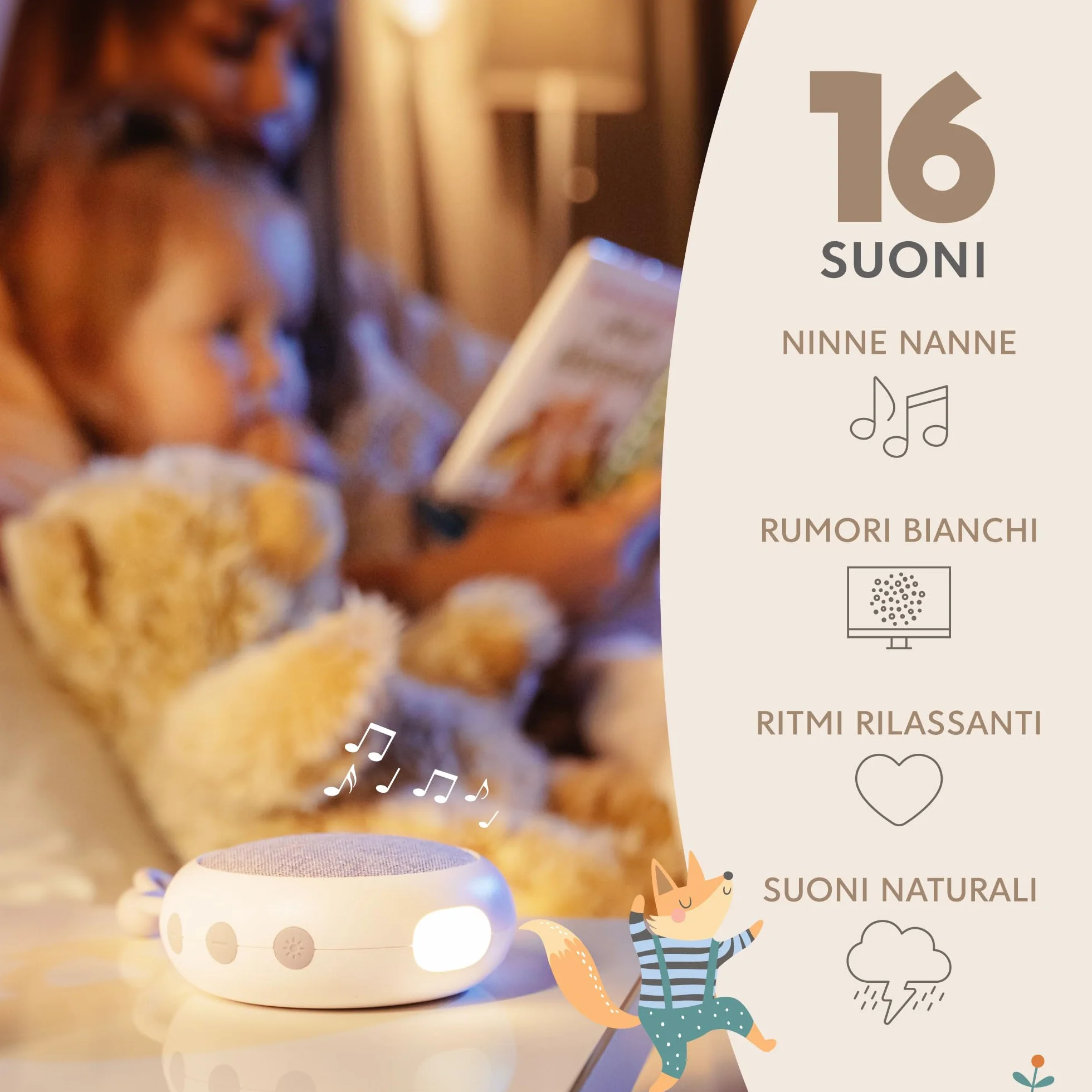 Sweety Fox Rumori Bianchi per Neonato - Bianco - Ninna Nanna, Luce Notturna, 15 Suoni, Ricaricabile USB
