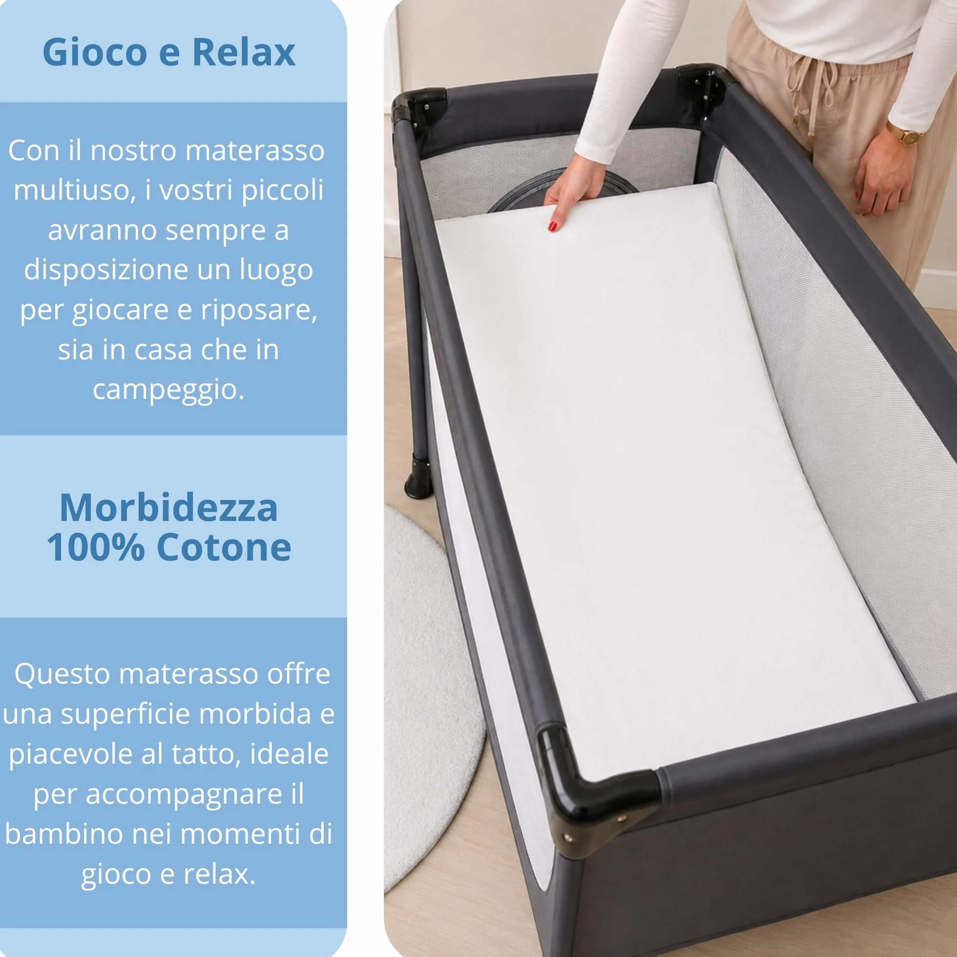 Materasso Lettino da Campeggio Sfoderabile Pieghevole 60x120x4 EN16890:2017 Federa 100% Cotone Oeko-tex® Certipur™