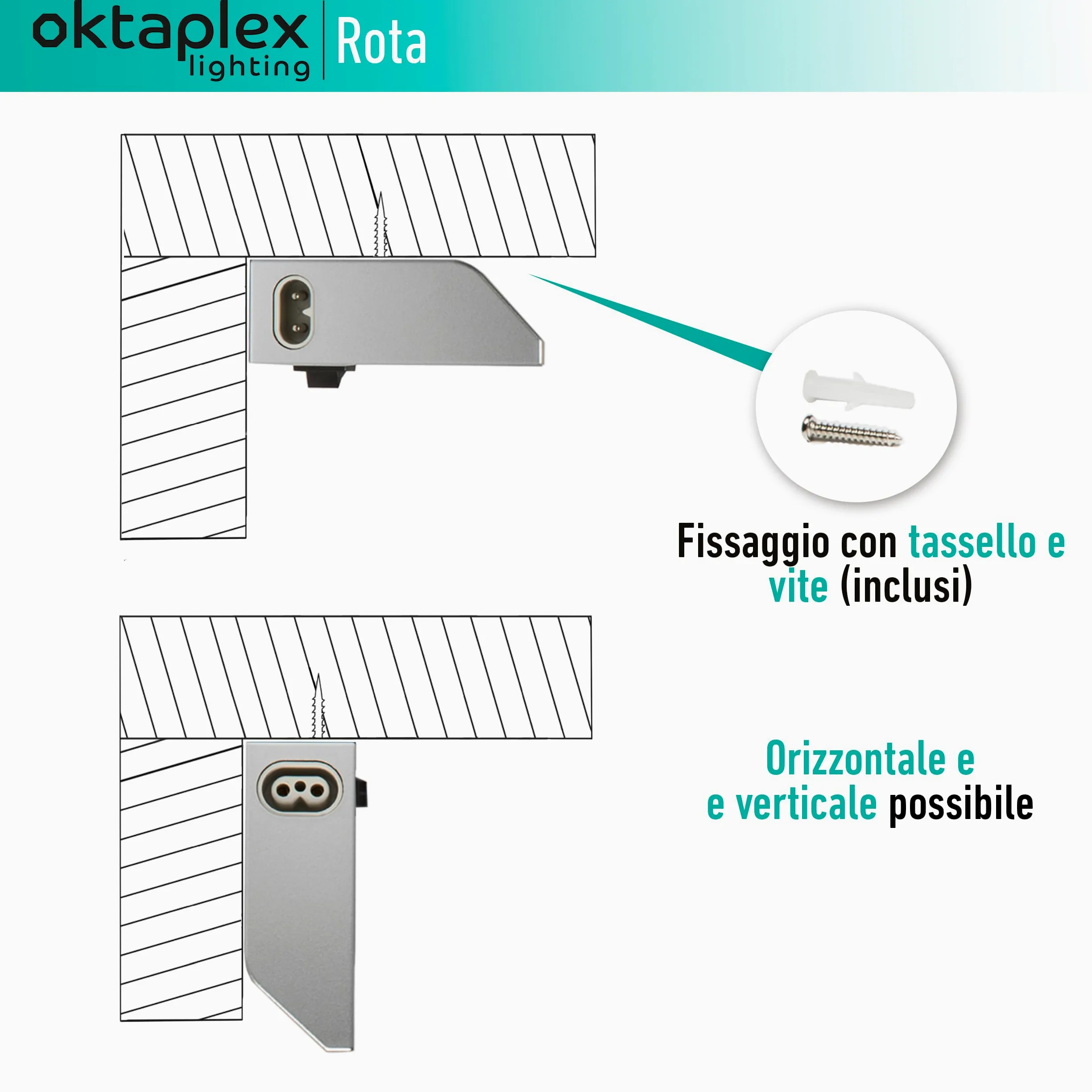 Oktaplex set da 2 Rota barra LED sottopensile orientabile 60 cm | 800 lm e 10 W, 4000 K bianco neutro su 230 V, corpo orientabile in alluminio argento con interruttore