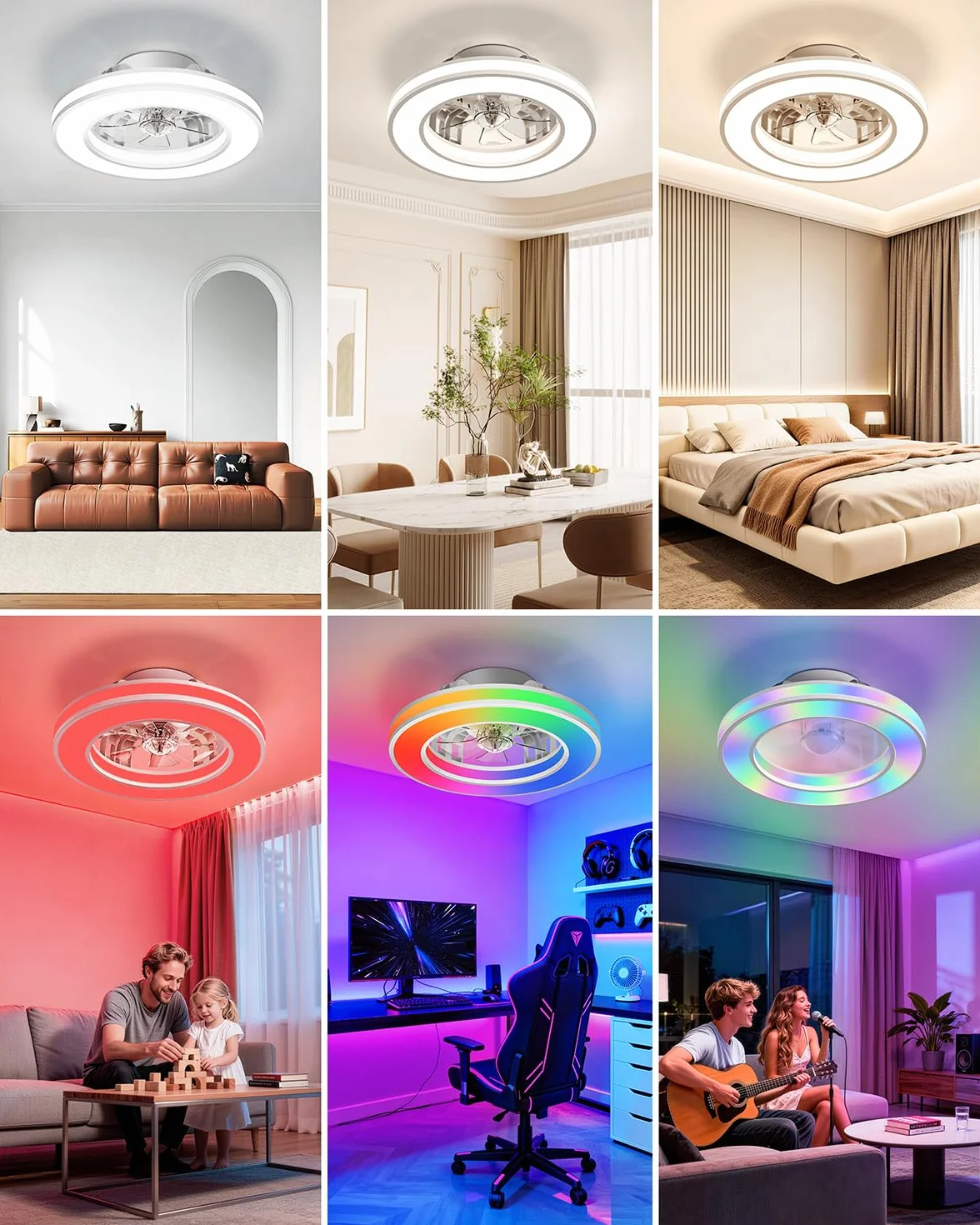 Ventilatore da Soffitto con Luce, Motore DC Silenzioso Lampadario Ventola LED Dimmerabile 3000K-4000K-6500K-RGB, 6 Velocità Plafoniera Ventilatore con Telecomando per Camera da Letto, Cucina
