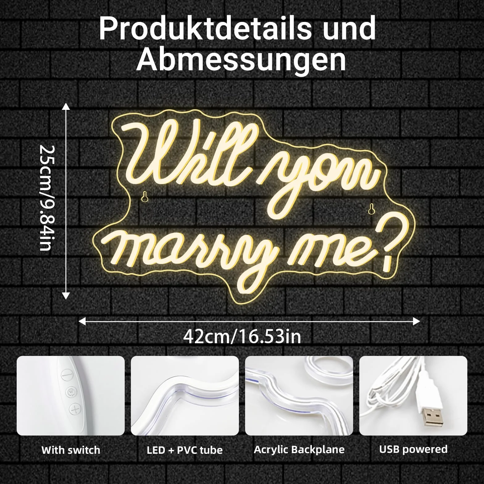 Cartello al neon con scritta "Will You Marry Me" per decorazione da parete, con lettere LED al neon, alimentato da USB, per decorazioni per proposte, matrimoni, feste di San Valentino