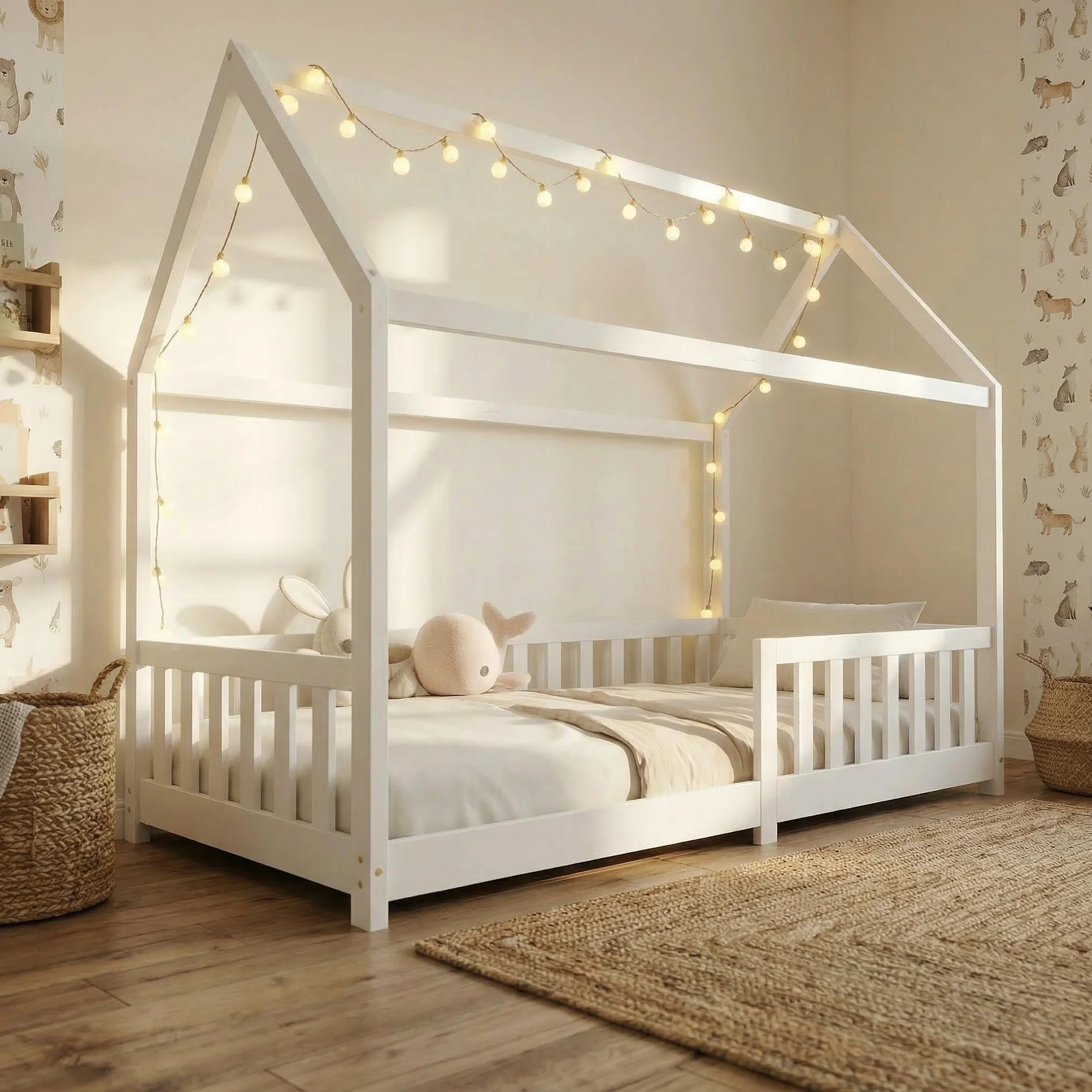 ecomi® Lettino per bambini 90x200 80x160 cm con protezione cadute e rete a doghe Bianco