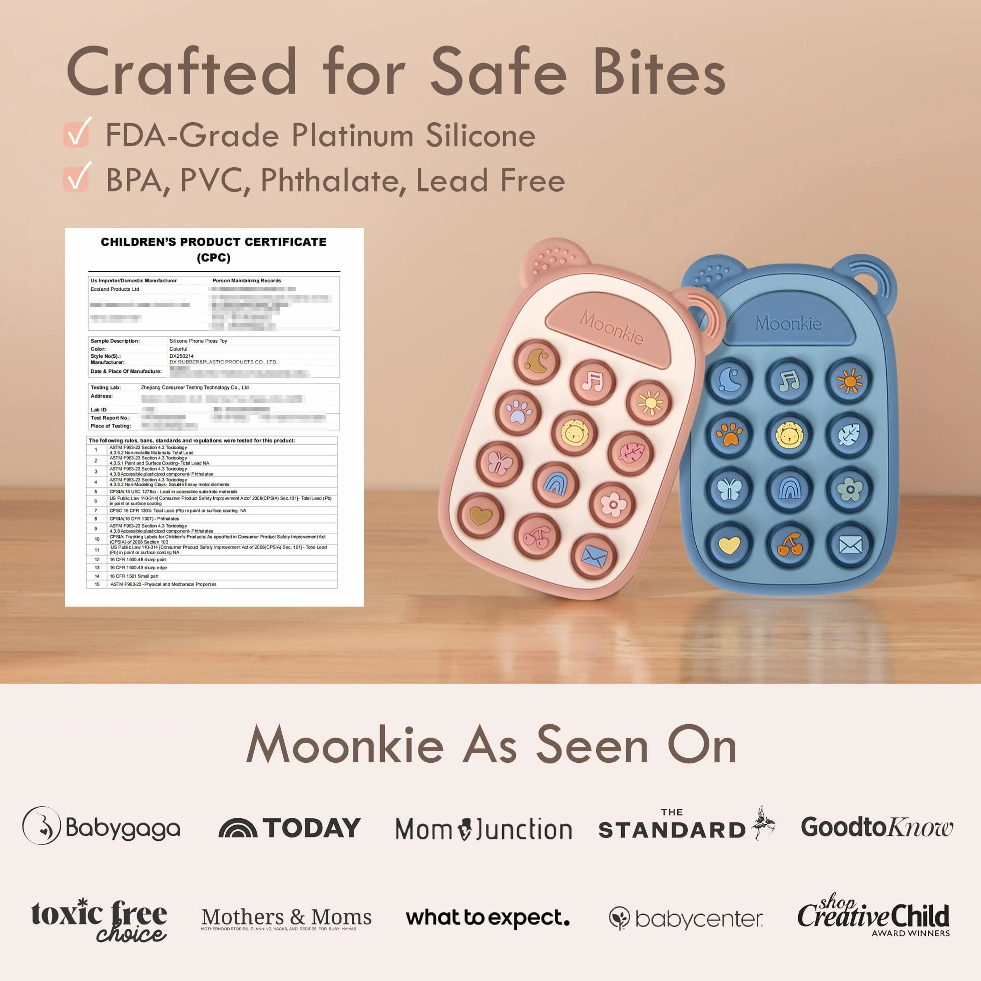 Moonkie Giochi Dentizione Neonato, Telefono in Silicone per 3 Mesi+, Senza BPA, Giochi Montessori, Blush