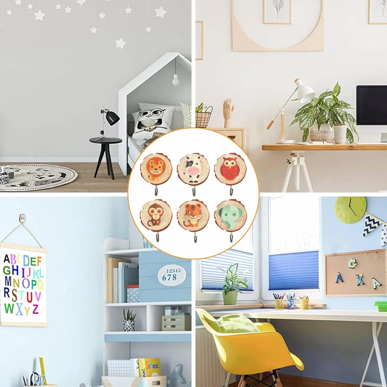 DAZZTIME Ganci Autoadesivi per Bambini 6 Pezzi Robusto Decorativi a Parete Senza Foratura Asciugamani Ombrelli Cappelli