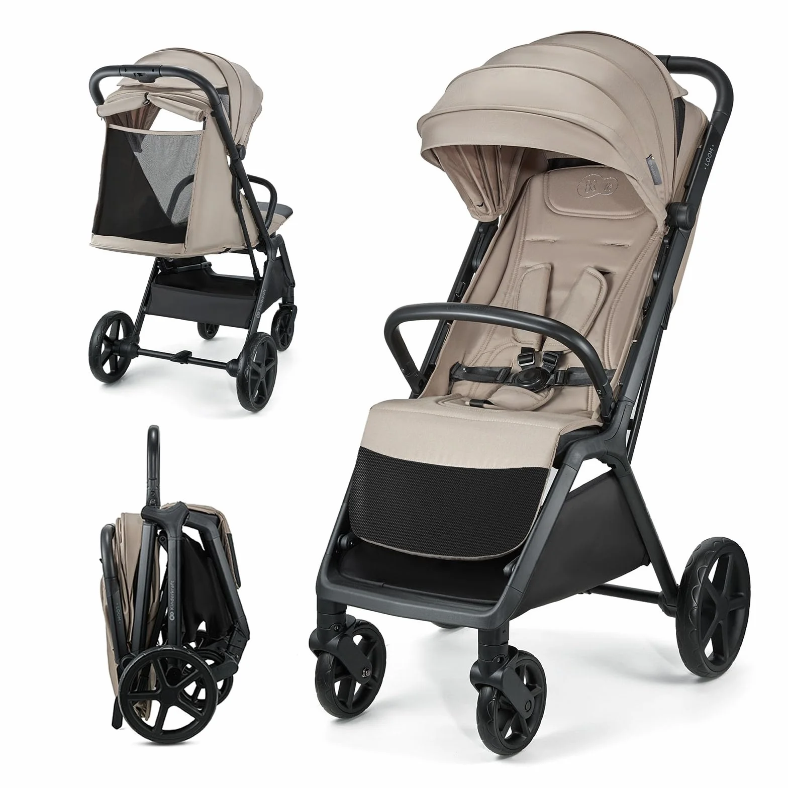 Kinderkraft LOOM Passeggino leggero 27kg, Chiusura una mano, cesto sotto, capottina estensibile, Barra sicurezza, Beige