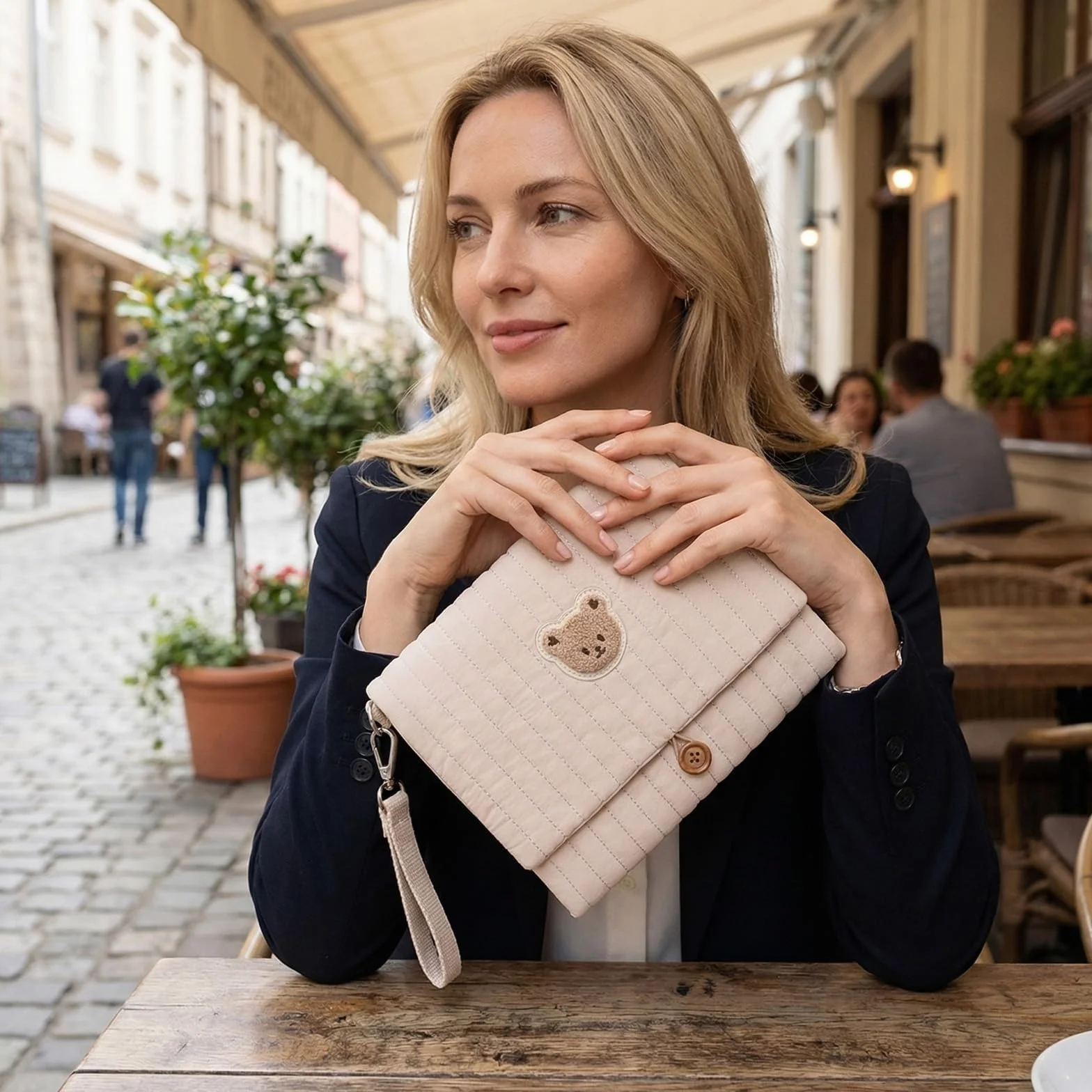 Simpatico Borsa per pannolini con orsetto ricamato, tasche multiple, organizer per passeggino