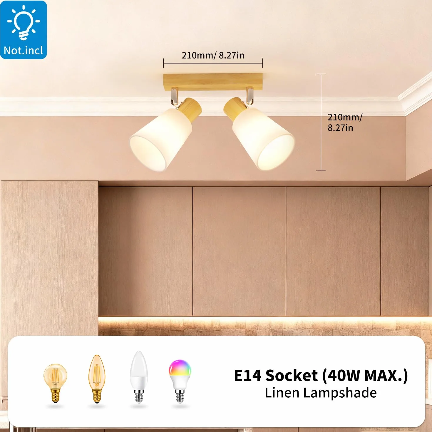 LVWIT Faretti da Soffitto E14, Faretto da Interno Bianco con 2 Faretto, Faretti Orientabili Legno, Faretto da Parete Interno Vintage per Barra, Salotto,Cameretta, Cucina, Bagno (Lampadine Escluse)