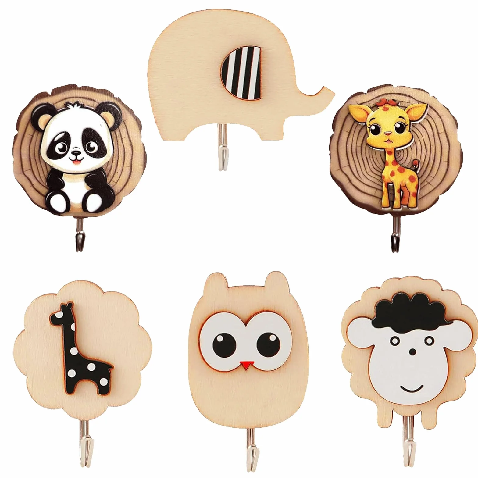 Ganci Autoadesivi per Bambini in Legno, 6 Pezzi, Gancio Parete per Asciugamani Zaini e Cappotti