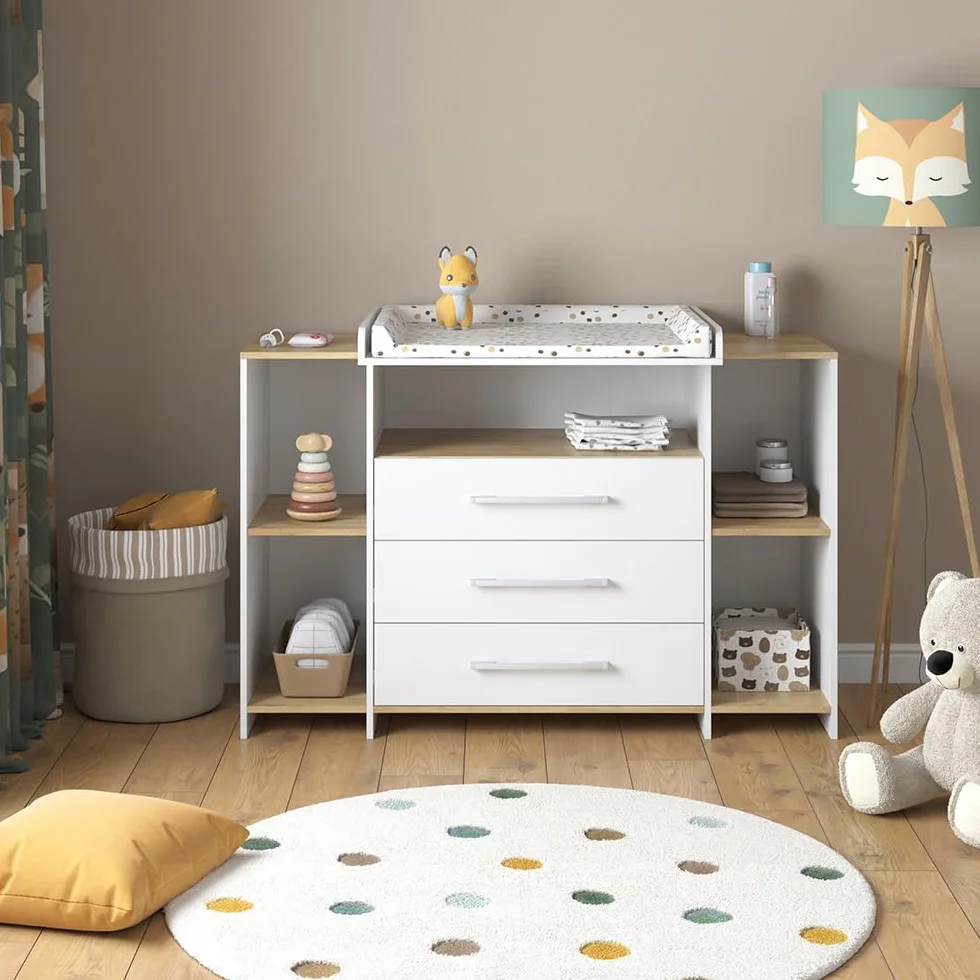 Vicco Fasciatoio Oskar, Rovere bianco/dorato, 143.2 x 93 cm, 3 cassetti, area di appoggio estensibile