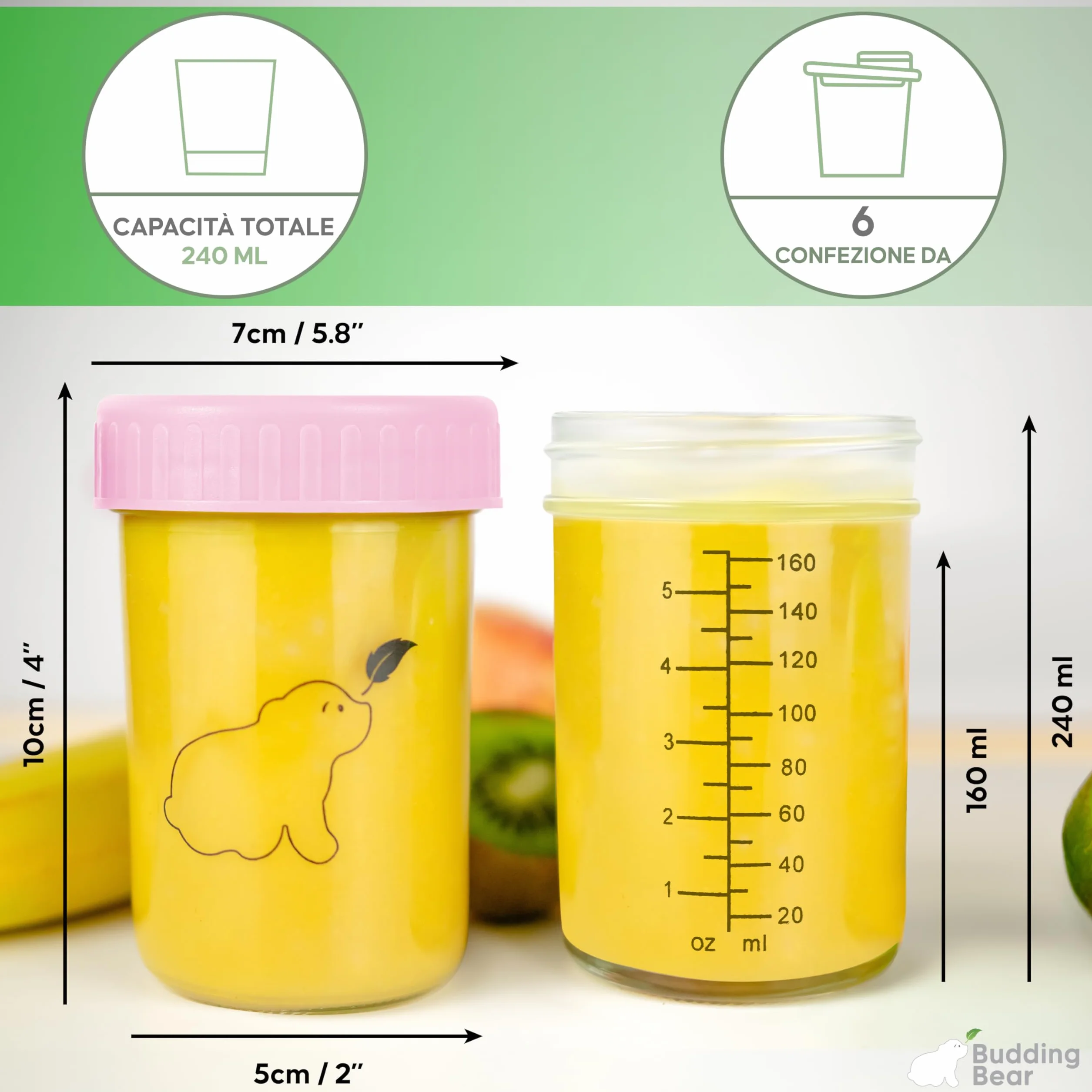 Contenitori in Vetro per Bambini 240 ml 6 Pezzi - Sicuri per Microonde Freezer - Senza BPA - Vasetti Pappa Riutilizzabili