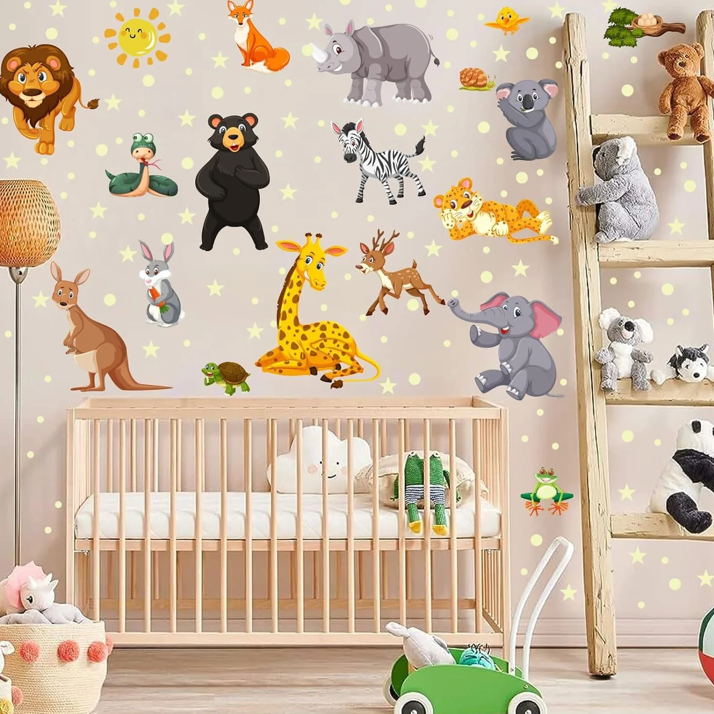 Adesivi da Parete Fluorescenti Animali Giungla Stickers Muro Luminoso Safari Elefante Leone Decorazioni Camera Bambini Verde