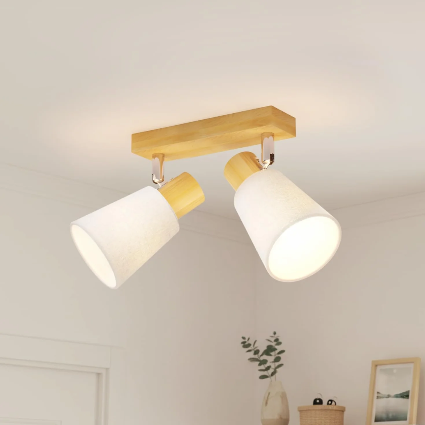 LVWIT Faretti da Soffitto E14, Faretto da Interno Bianco con 2 Faretto, Faretti Orientabili Legno, Faretto da Parete Interno Vintage per Barra, Salotto,Cameretta, Cucina, Bagno (Lampadine Escluse)
