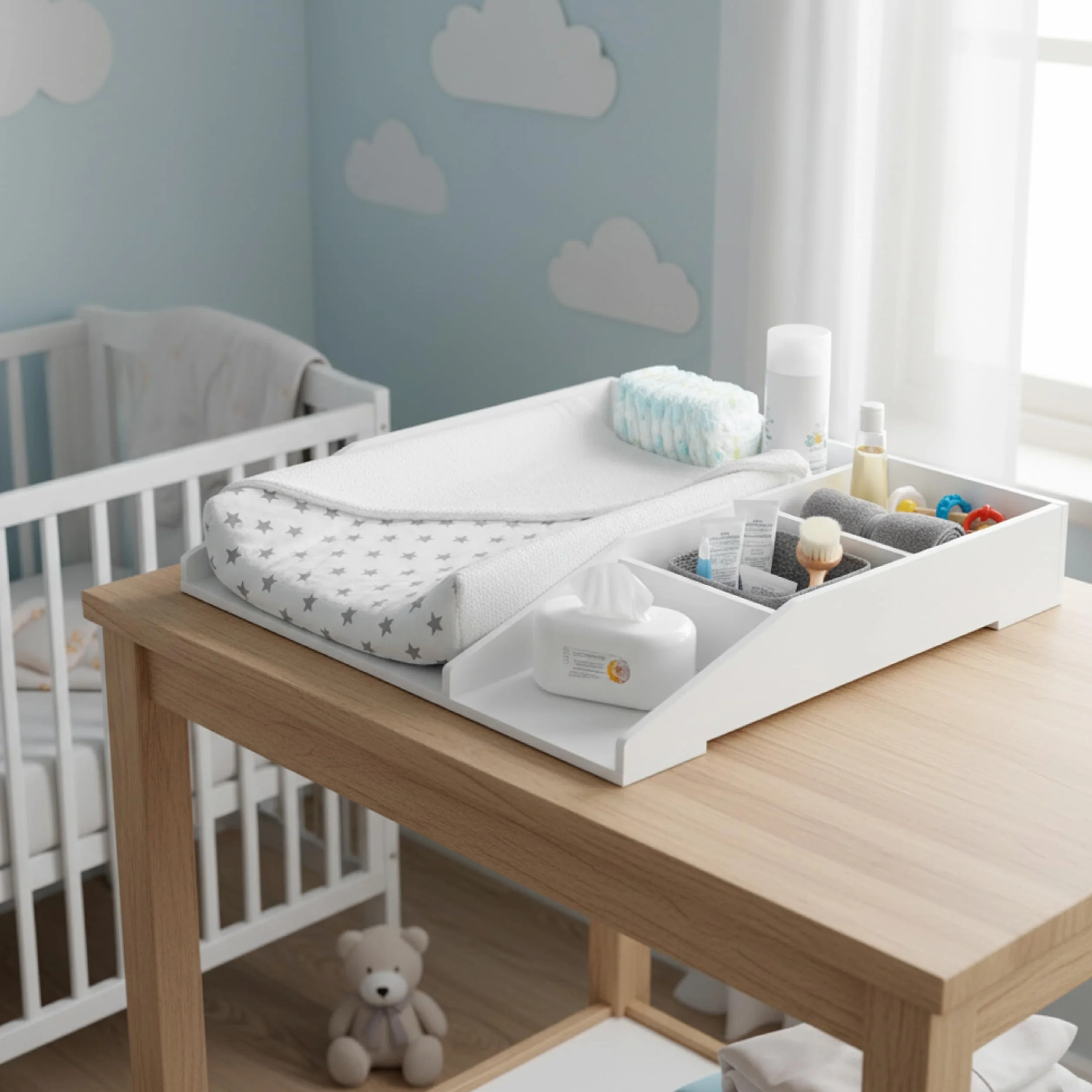 Baroni Home Fasciatoio da Appoggio Bianco, Mobile Cambio Neonato 4 Scomparti, Plastic Wood, 80x74,5x126 cm