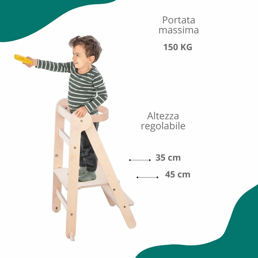 Mamatoyz 08FNAT Torre Montessoriana di Apprendimento Pieghevole Multiuso in Legno Naturale di Betulla con 2 Altezze Regolabili