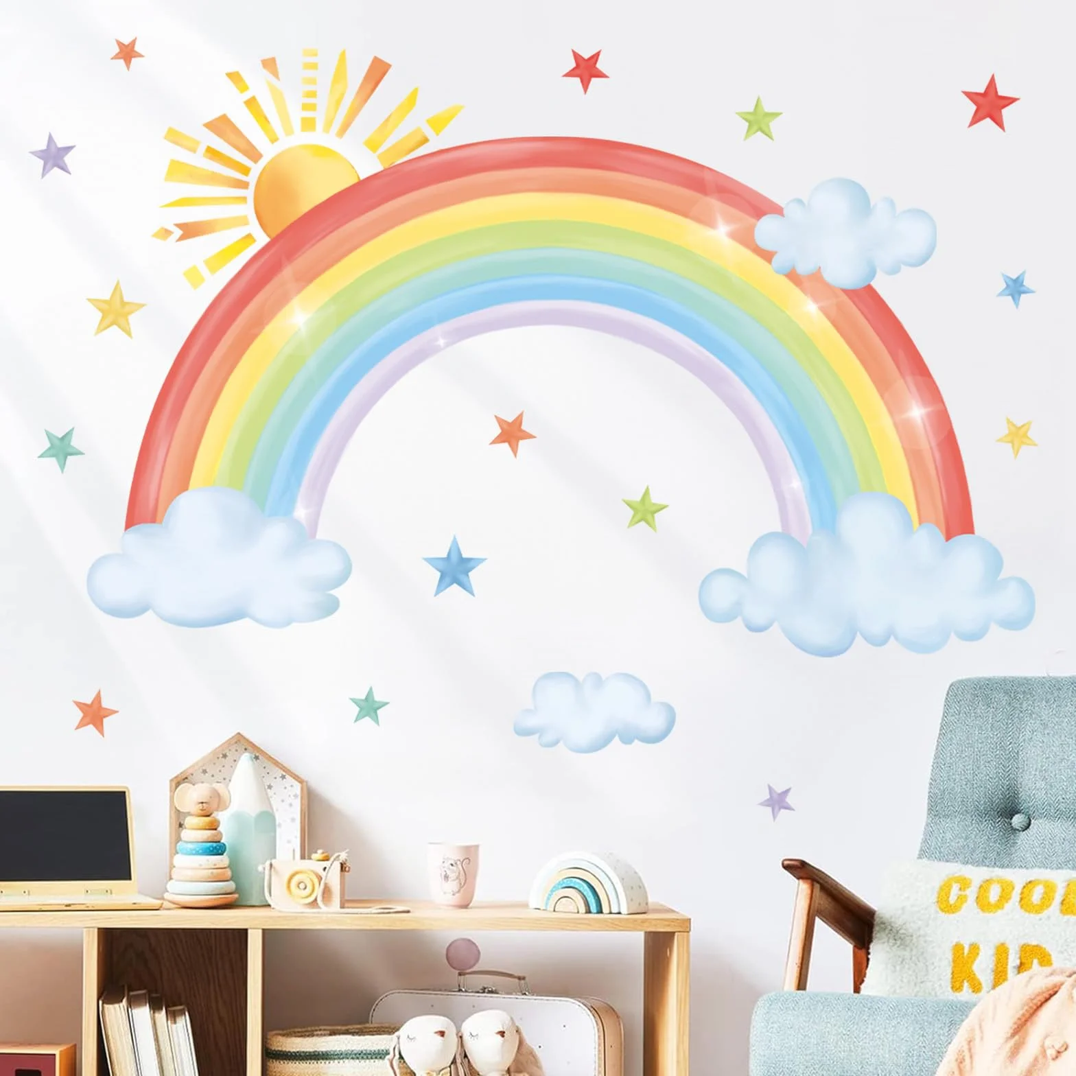Decalmile Adesivi Murali Arcobaleno Grande Adesivi da Parete Sole Nube Stella Decorazione Murale