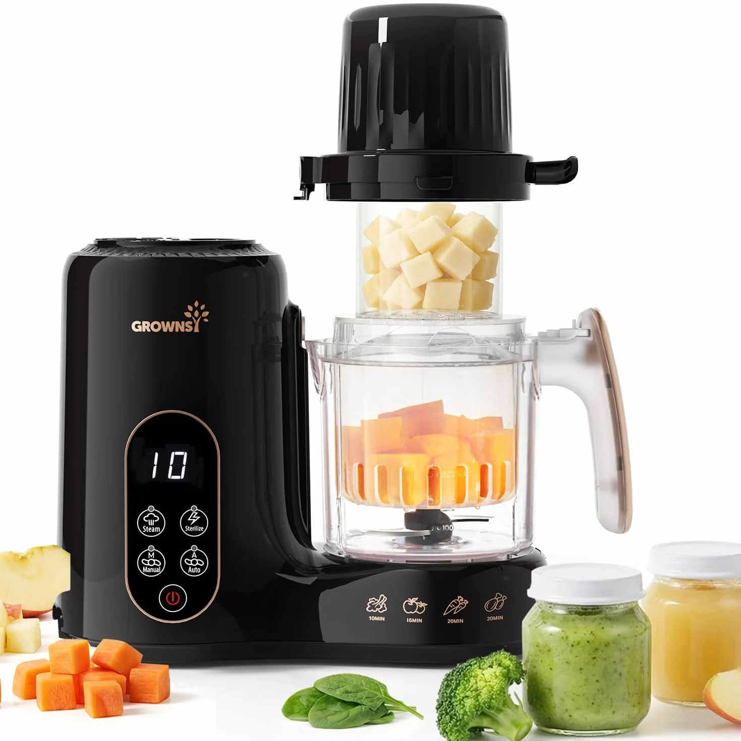 Grownsy Cuocipappa Multifunzione 7-in-1 Robot Cucina per Svezzamento con Doppio Cestello a Vapore, BPA Free