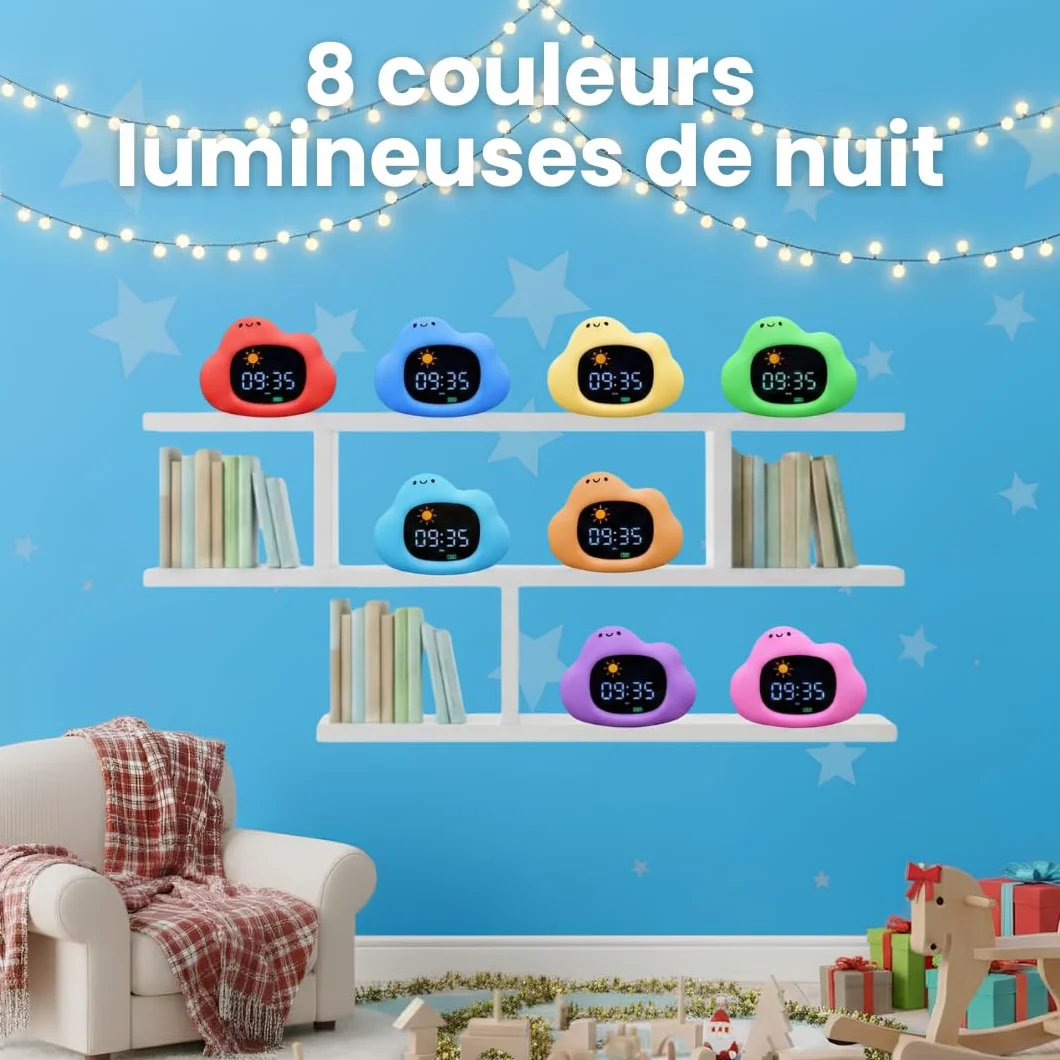 Sveglio bambino educativo giorno/notte - luce notturna per bambini musicale e luminosa, 4 anni di luminosità, orologio educativo con musica rilassante, rumore bianco, decorazione per camera da letto