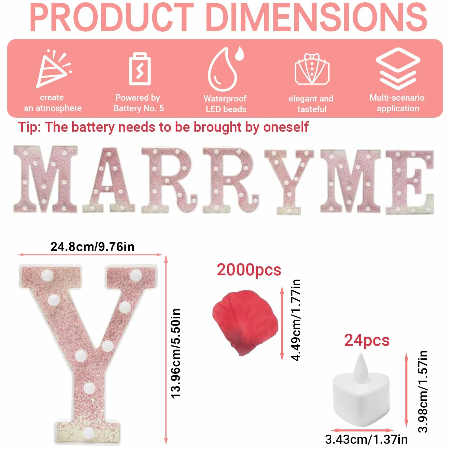 2031 pezzi rosa MARRY ME lettere luminose come decorazione per proposte di matrimonio, 2000 petali di rosa, cartello MARRY ME con 24 candele a cuore senza fiamma, per proposte di matrimonio