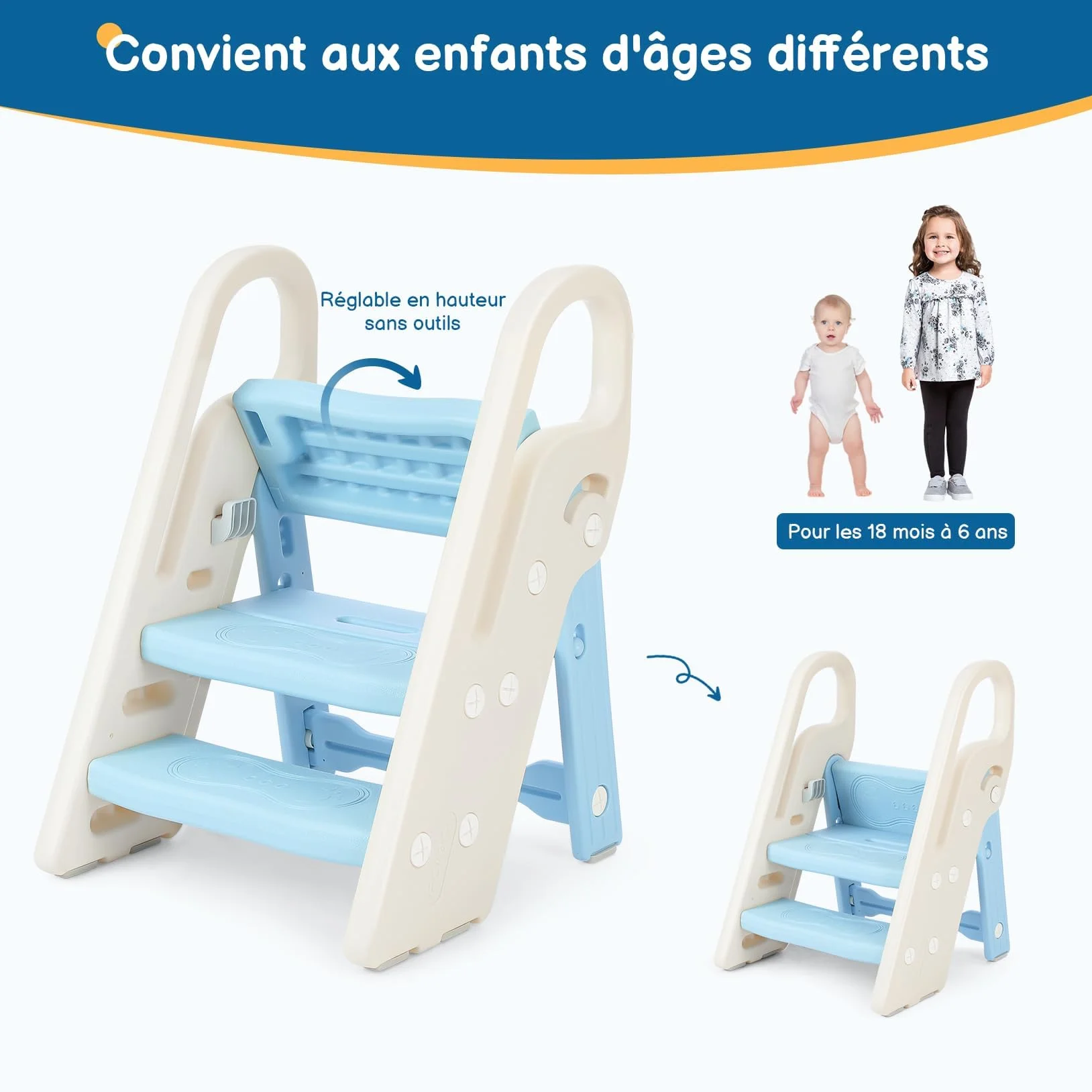 Onasti Sgabello a tre gradini pieghevoli per bambini, Scaletta 3 gradini, Sedile per Addestramento WC, Multifunzione, Regolabile in Altezza, Antiscivolo (Blu)