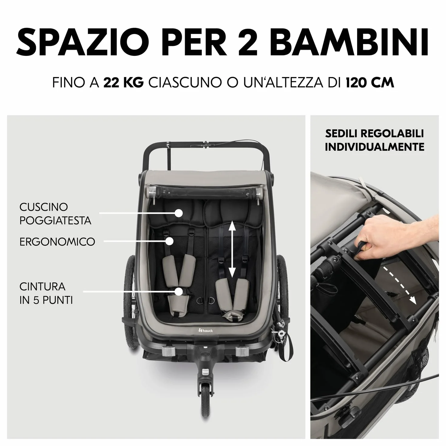 Hauck Bike N Walk Duo 3in1 Rimorchio Bici Bambini 2 Posti 22 kg 120 cm Light Grey