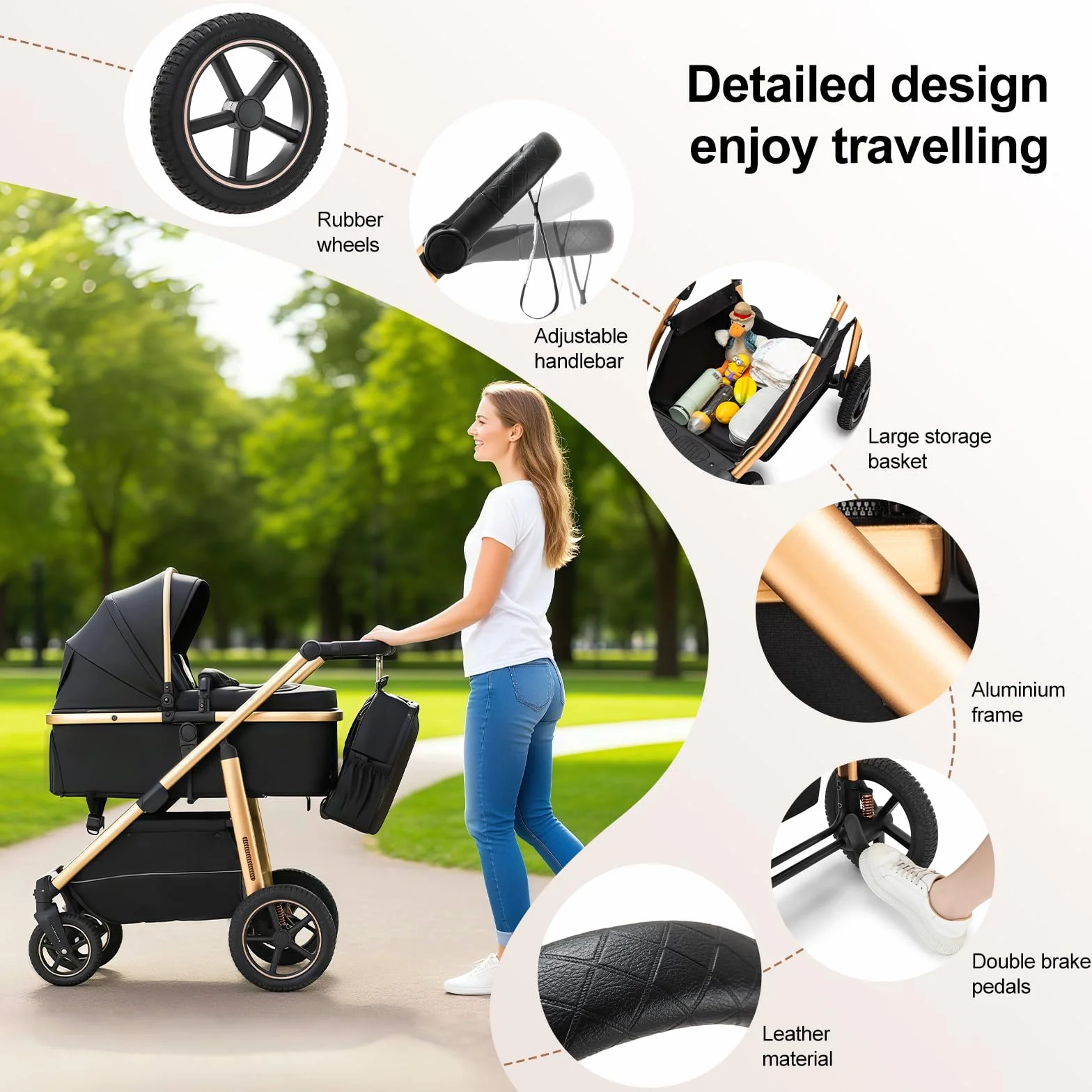 Passeggino 3 in 1 da viaggio, carrozzina e seggiolino auto, telaio in alluminio massiccio, nero