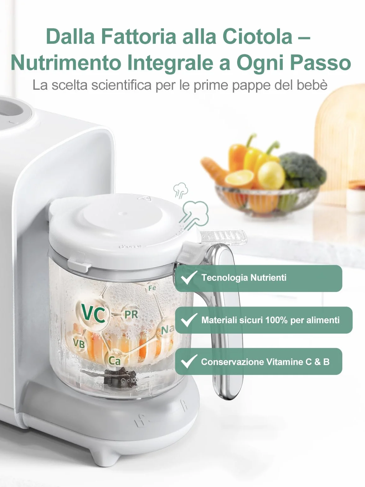 Omogeneizzatore per Neonati Robot da Cucina Multifunzione con Vapore 360°, Autopulizia, Scongelamento Rapido