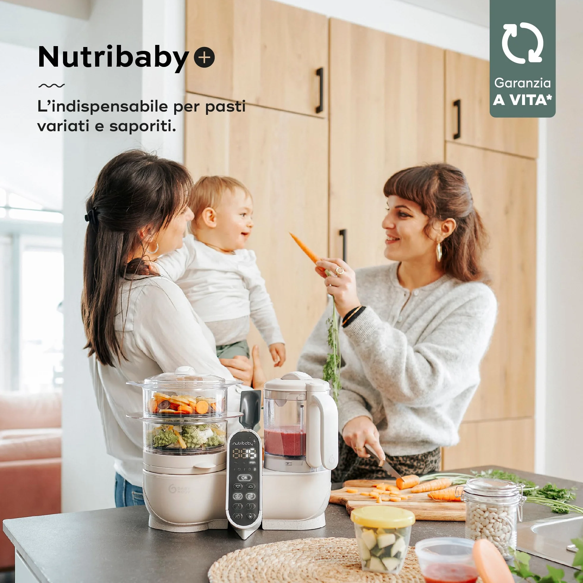 Babymoov Nutribaby(+) Cuocipappa 6 in 1, cuocivapore, frullatore, grande capacità, batchcooking - Mineral Beige