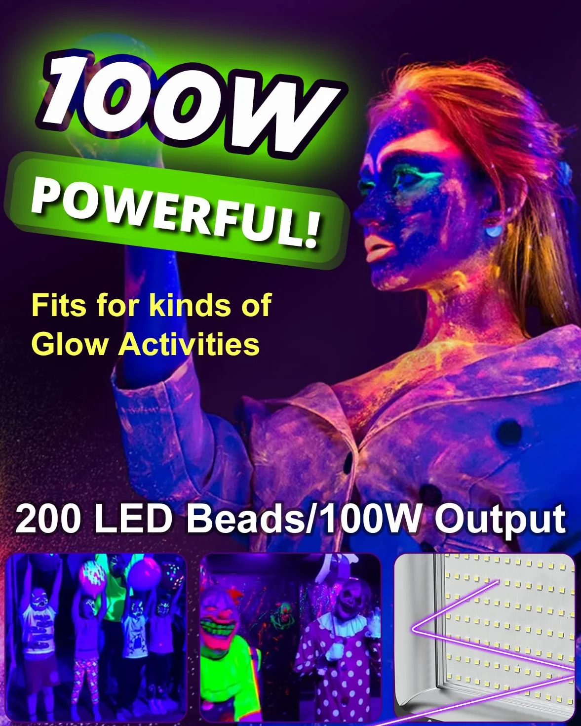 100W Faretto UV LED 2 pacchetto, 200 LEDs Grafene Luce Nera per Ampio Spazio, 395-400NM Faro UV LED con Spina IP65 Impermeabile per Acquario, Festa, Pittura Fluorescente, Poster Fluorescente