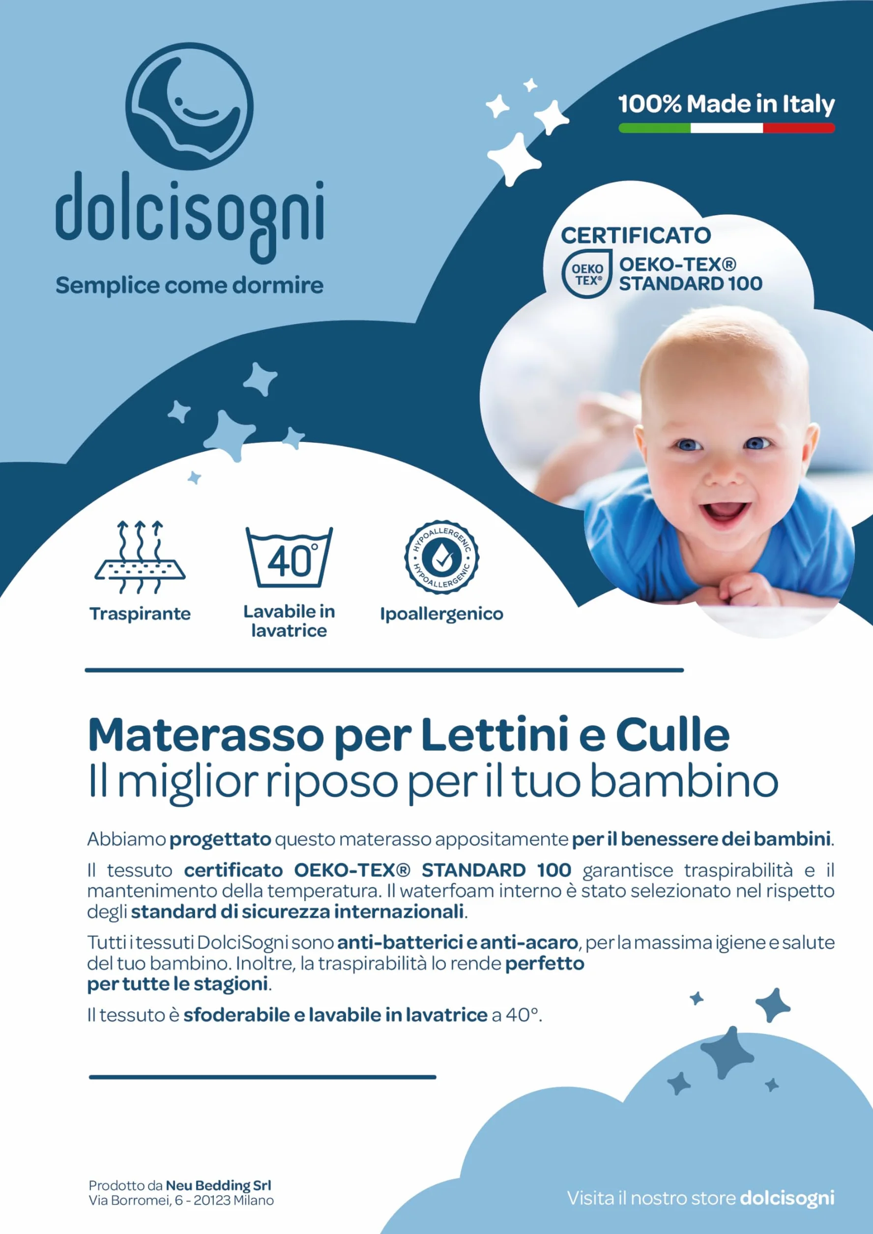 DOLCI SOGNI Materasso Lettino 60x120 cm Spessore 14 cm OEKO-TEX CertiPUR Fodera Aloe Vera Sfoderabile Lavabile