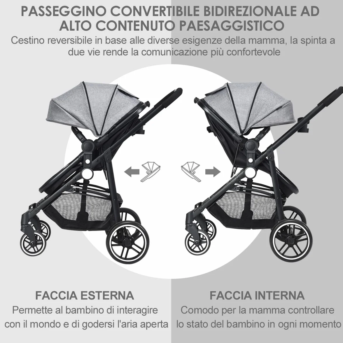 RELAX4LIFE Passeggino Pieghevole Convertibile con Seduta Reversibile, Capottina Regolabile, Cintura 5 Punti (Grigio)