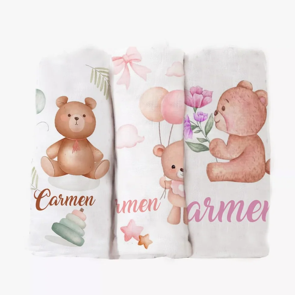Set 3 Pezzi Mussole Personalizzate Bimba Orsetto Regalo Neonato Cotone Bambù 70x70cm