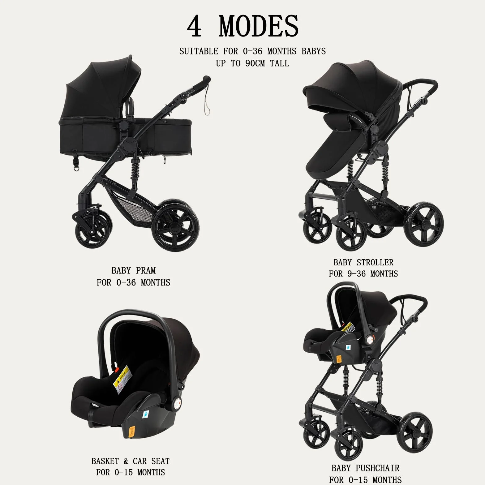 Passeggino 3 in 1 Trio Navicella Neonato Sistema Viaggio Seggiolino Auto 0-36 Mesi Nero