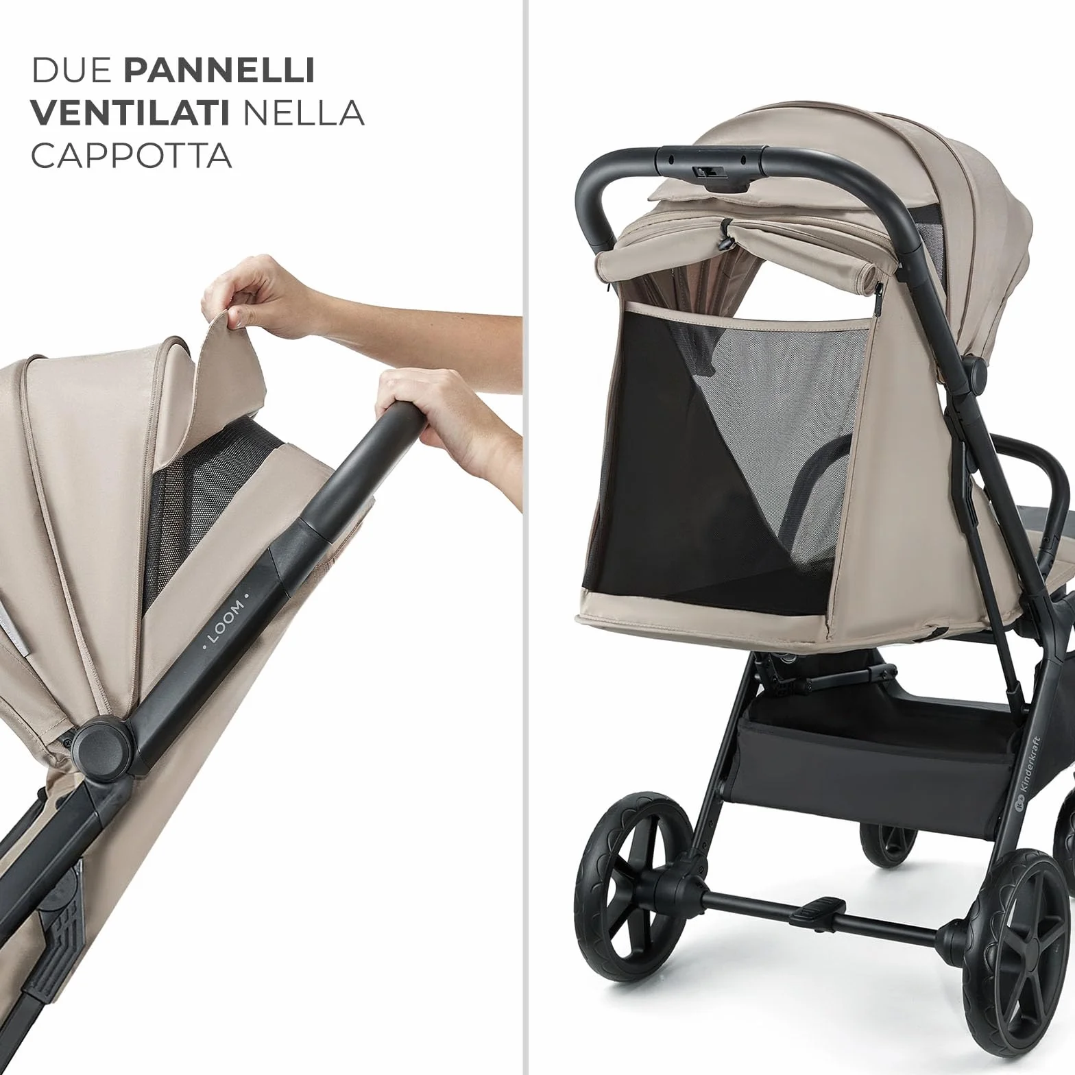 Kinderkraft LOOM Passeggino leggero 27kg, Chiusura una mano, cesto sotto, capottina estensibile, Barra sicurezza, Beige