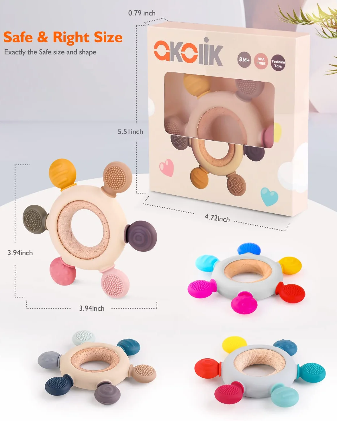 akolik Neonato Dentizione Anello in Silicone Massaggio Gengive Giocattoli Sensoriali 3-12 Mesi Grado Alimentare