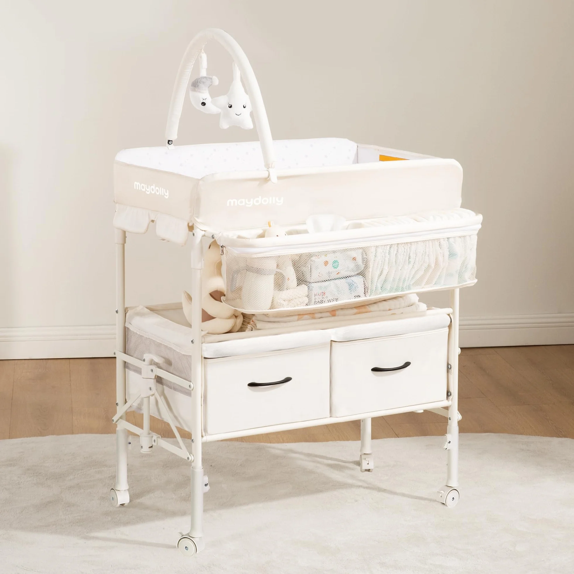 Maydolly Fasciatoio Portatile Pieghevole Neonato Altezza Regolabile Ruote Bloccabili 2 Cestelli Materassino Impermeabile Beige