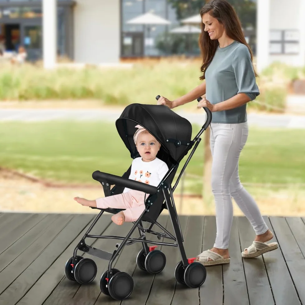 Passeggino Canne Bambino Ultra Leggero Pieghevole Reclinabile dalla Nascita a 25 kg Nero con Copertura Antipioggia