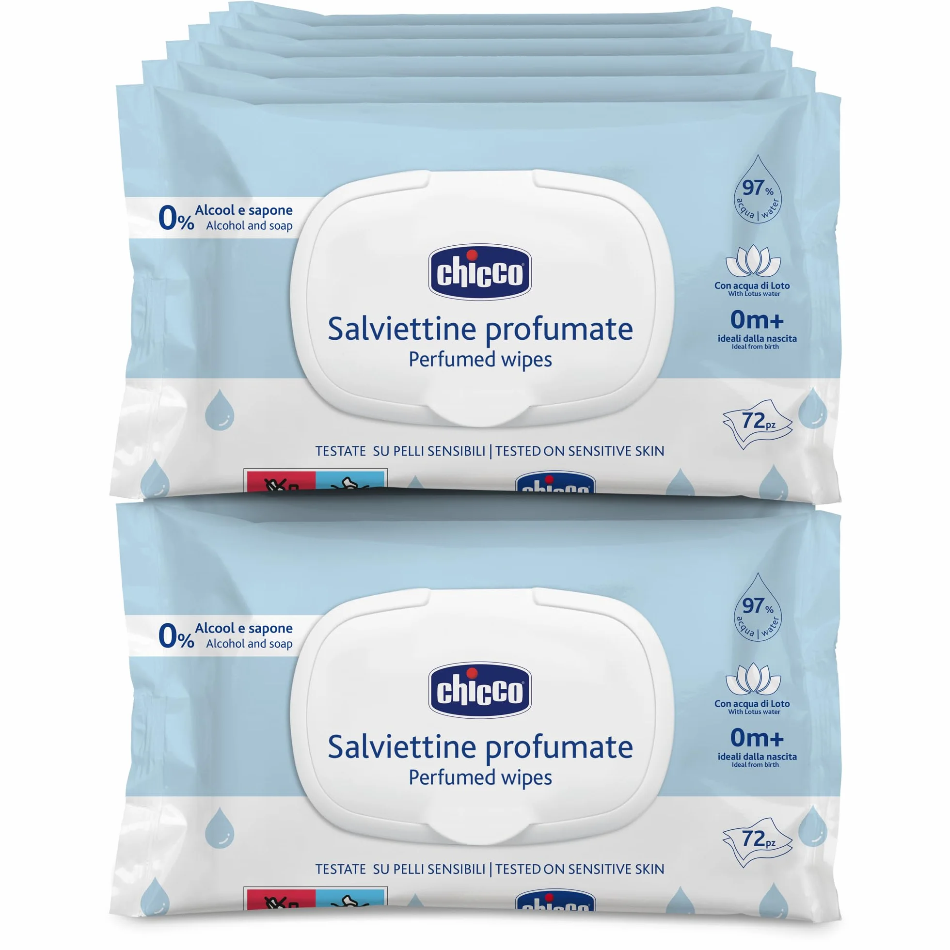 Chicco Salviette multiuso per neonati senza alcool, profumate per pelli sensibili, 864 salviette, 12 confezioni da 72