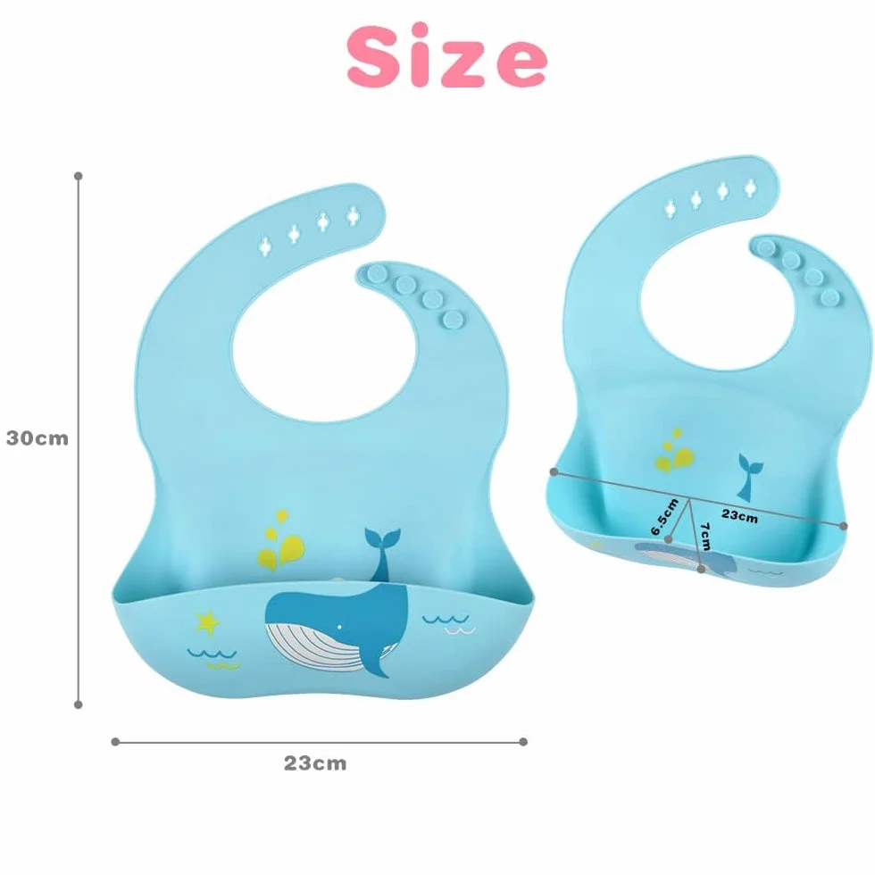 Bavaglini 3D Silicone Impermeabile Senza BPA 2PCS con Tasca Raccoglipappa 4 Misure Regolabili per Bambini Neonati Dinosauro Balena