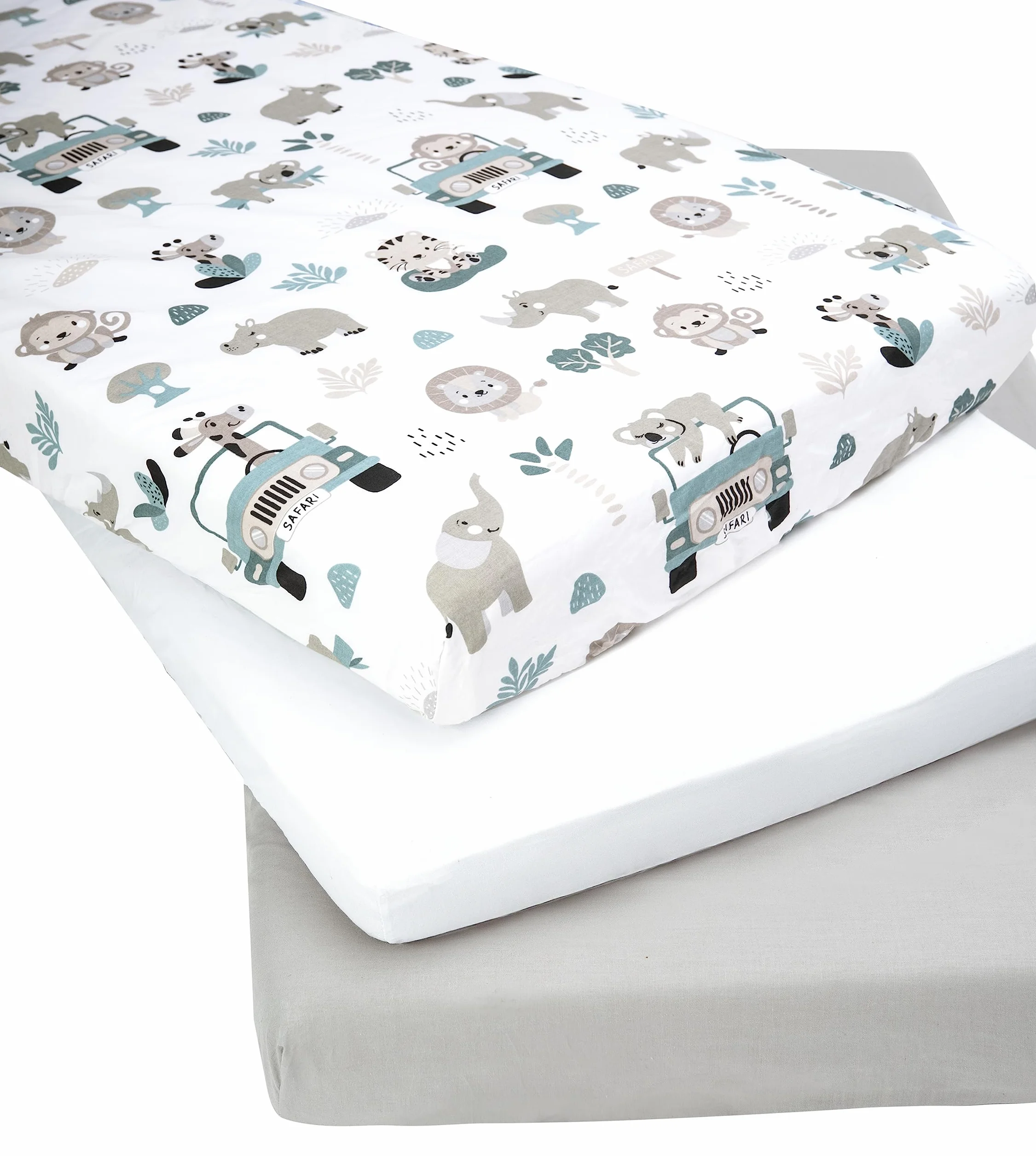 Medi Partners Lenzuola Lettino Set 3 Neonato 60x120 100% Cotone Lenzuolo con Angoli Culla Coprimaterasso Fitted Sheet Bambino Zoo Di Menta-Bianco-Grigio
