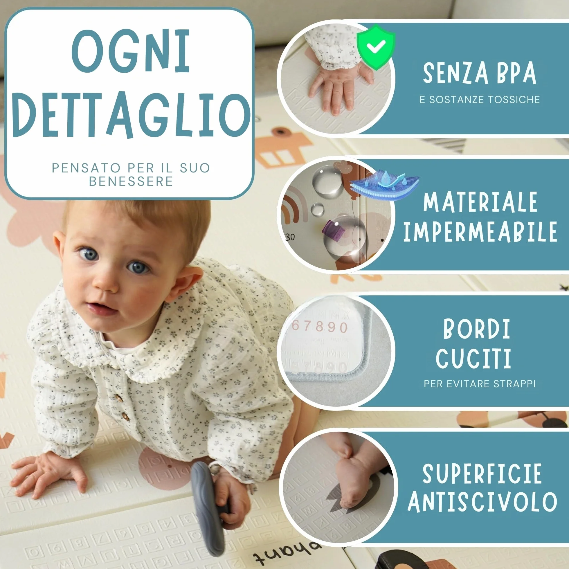 Tappeto Gioco Bambini 200x180 cm Pieghevole Reversible Impermeabile con Bordi Cuciti