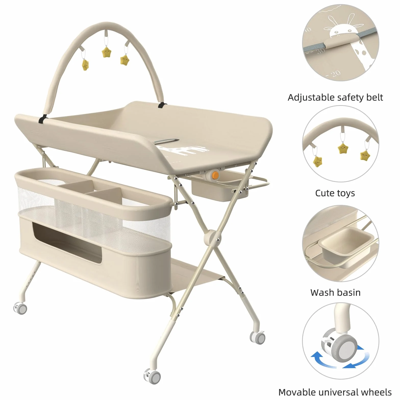 Fasciatoio Neonato Pieghevole Portatile Altezza Regolabile con Ruote Silenziose 360° Bloccabili Bianco Latte 75x68x83-91cm