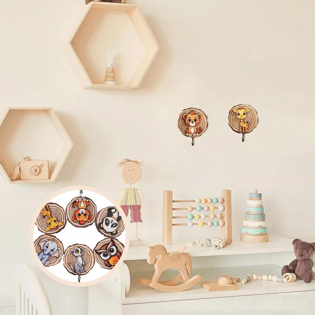 Appendiabiti per bambini a forma di animale, Ganci Autoadesivi in legno, 6 pezzi regalo camera