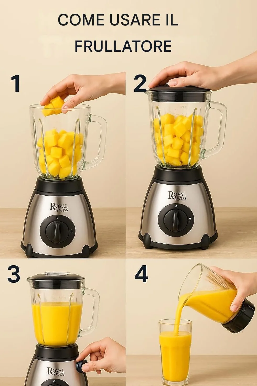 Royal Swiss Frullatore Mixer Acciaio Inox 1000W Caraffa 1.5L Vetro Temperato Nero