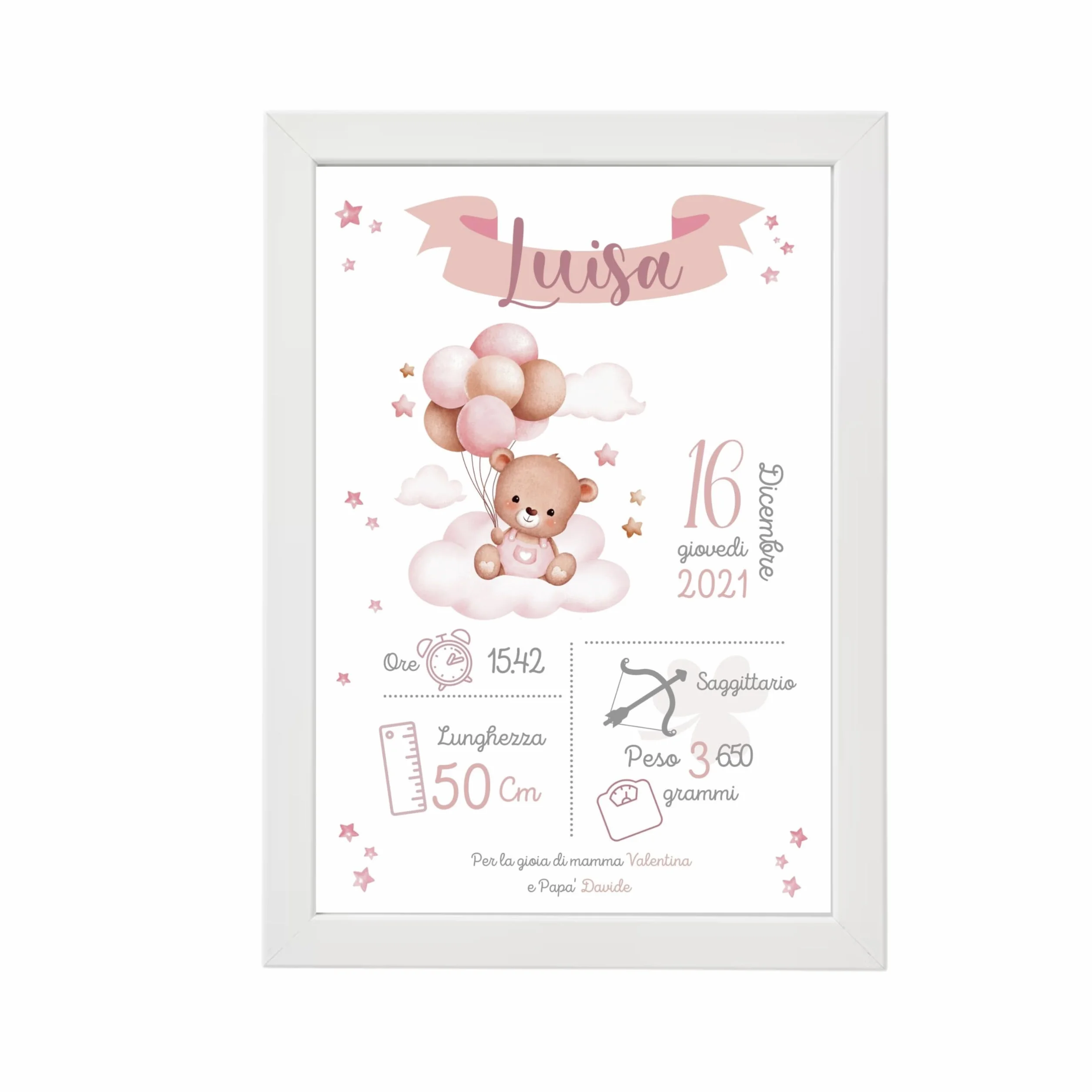 Personalizowany Quadretto Nascita z Ramką 21x30 cm – Dekoracja do Pokoju Dziecka z Danymi Noworodka – Pomysł na Prezent na Narodziny lub Chrzest