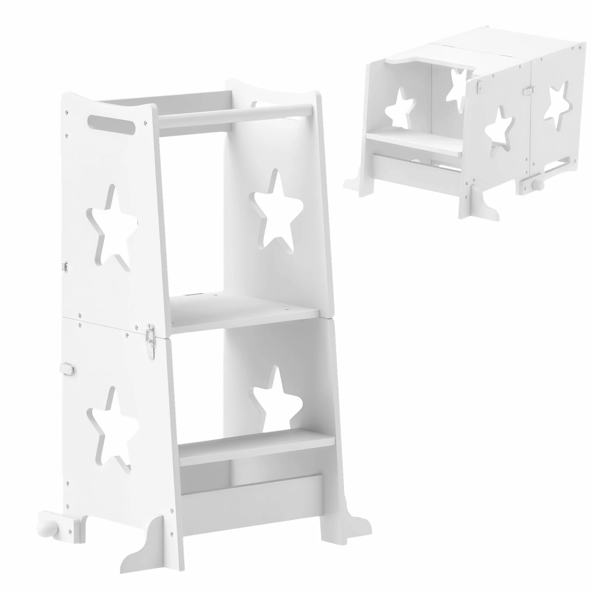 AIYAPLAY Torre Montessoriana Bambini Convertibile Set Tavolo Sedie Barra Sicurezza Sgabello Legno 3-6 Anni Apprendimento Bagno Cucina Toilette Bianco