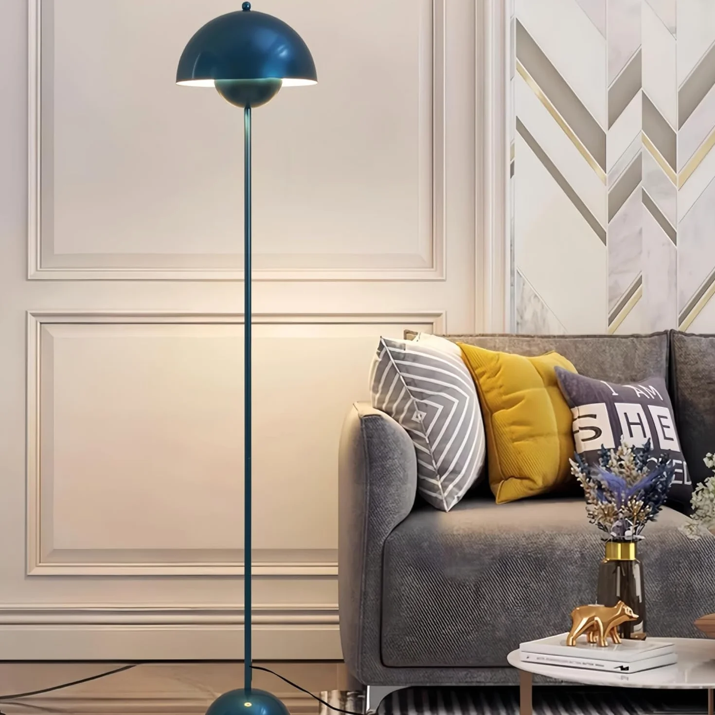 Alpinaluz Lampada da Terra in Metallo con Paralume Bombato – Design Retro Nordico – Luce Indiretta Verso il Basso – E27 – Interruttore a Pedale – Per Salotto e Interni (Blu Marino)