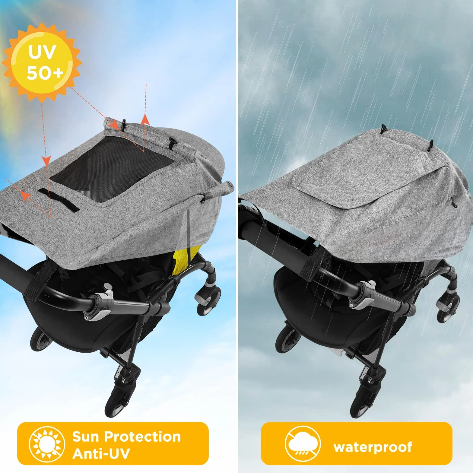 Parasole per Passeggino Universale Regolabile UV 50+ Protezione Solare con Custodia Grigio
